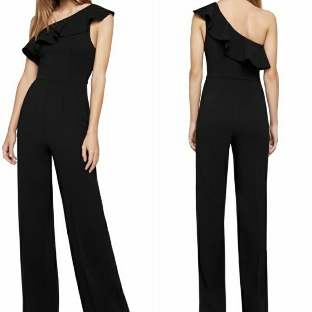 Bcbg one shoulder black jumpsuit